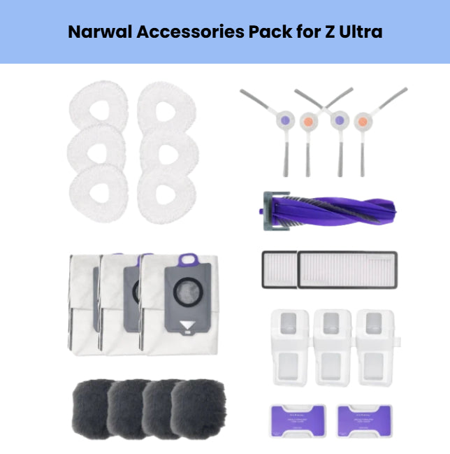 Narwal Z Ultra Accessories Pack – Includes 8 Mopping Pads, 4 Main Brushes, 1 Side Brush, 2 HEPA Filters, 3 Dust Bags, 4 Roller Covers & 2 Filter Caps
