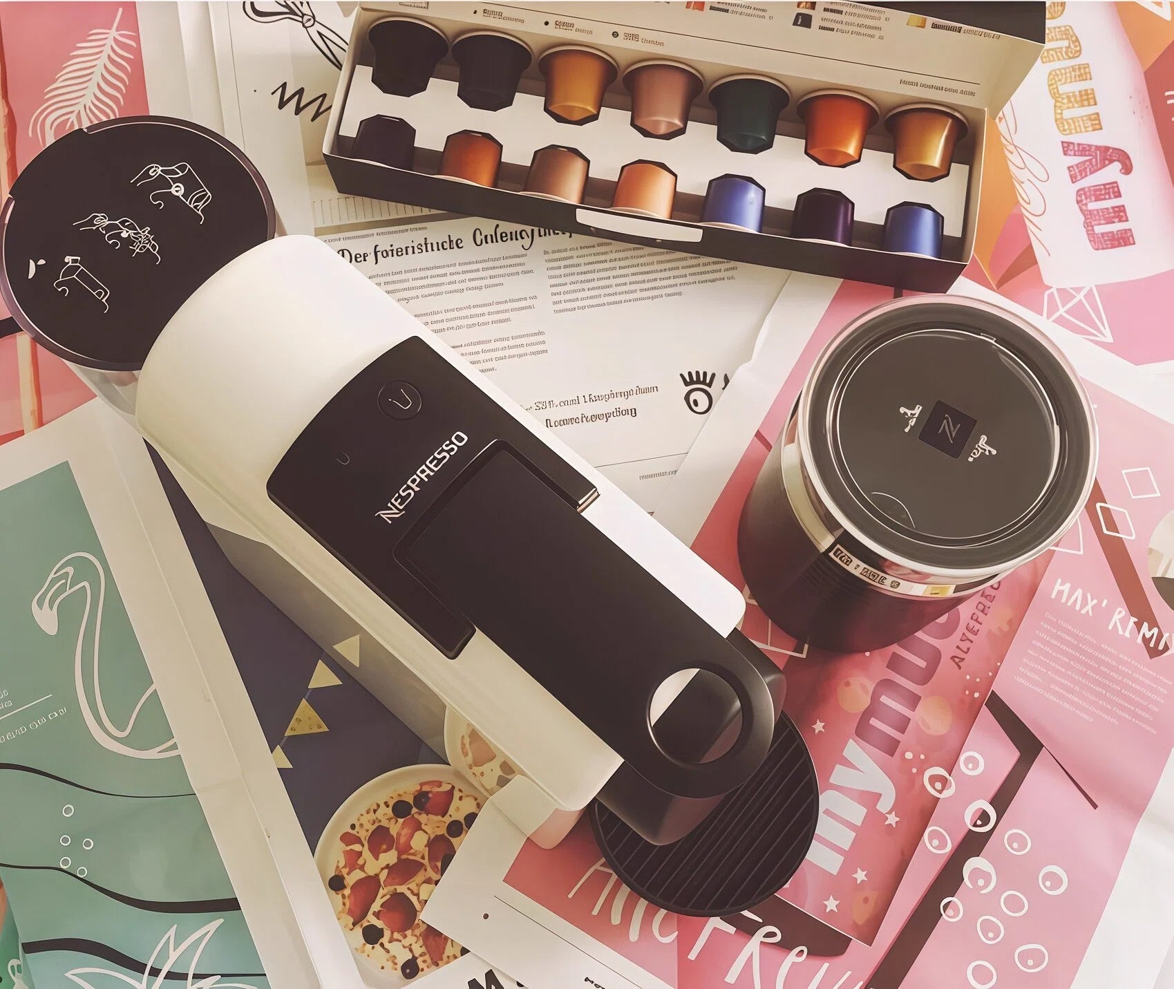 A variety of Nespresso capsules displayed with a De'Longhi Essenza Mini EN85WAE capsule coffee machine.