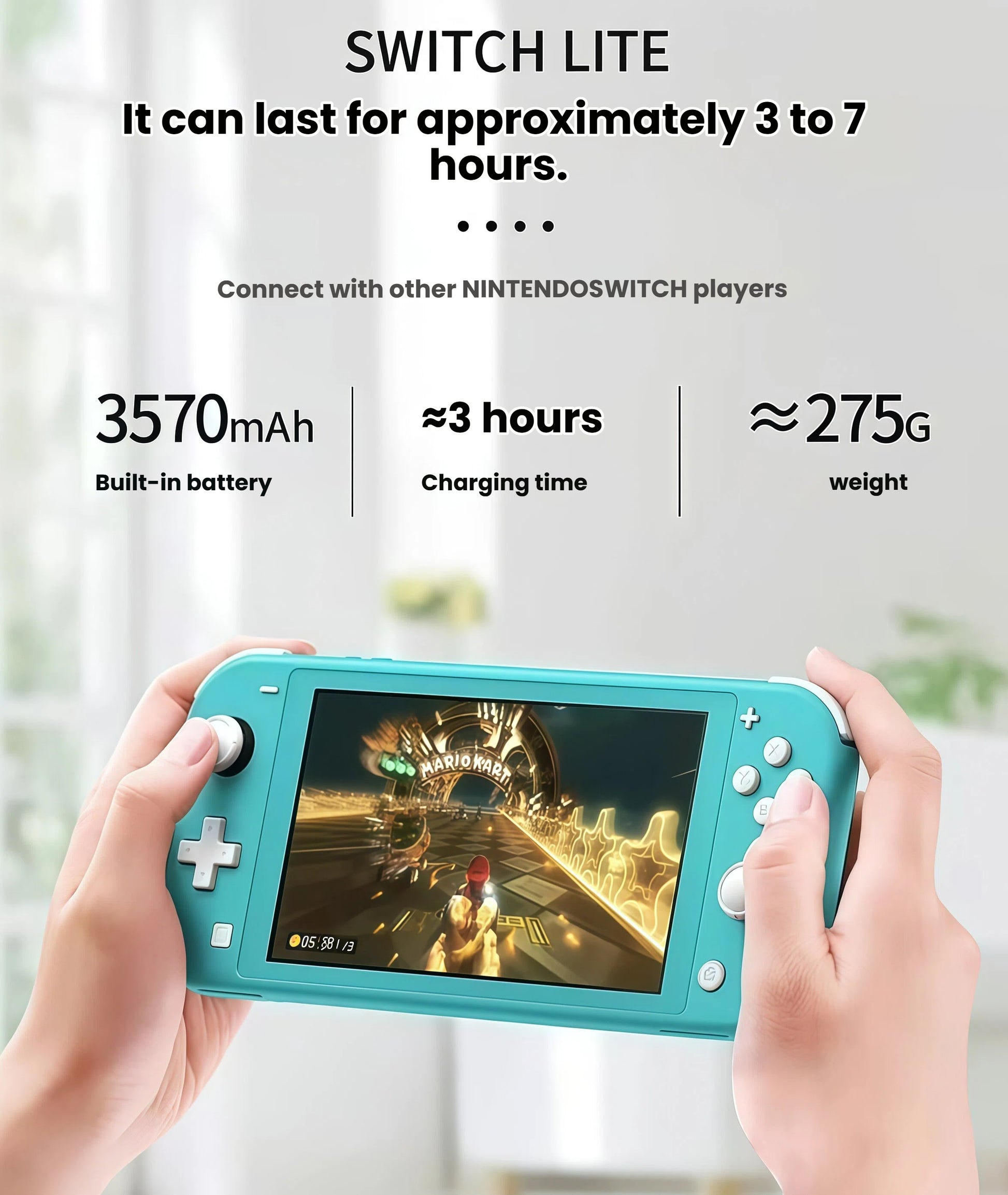 Hands holding the turquoise Switch Lite while playing Mario Kart 8 Deluxe; overlay highlights 3570 mAh battery, ~3-hour charge time and 275 g weight.