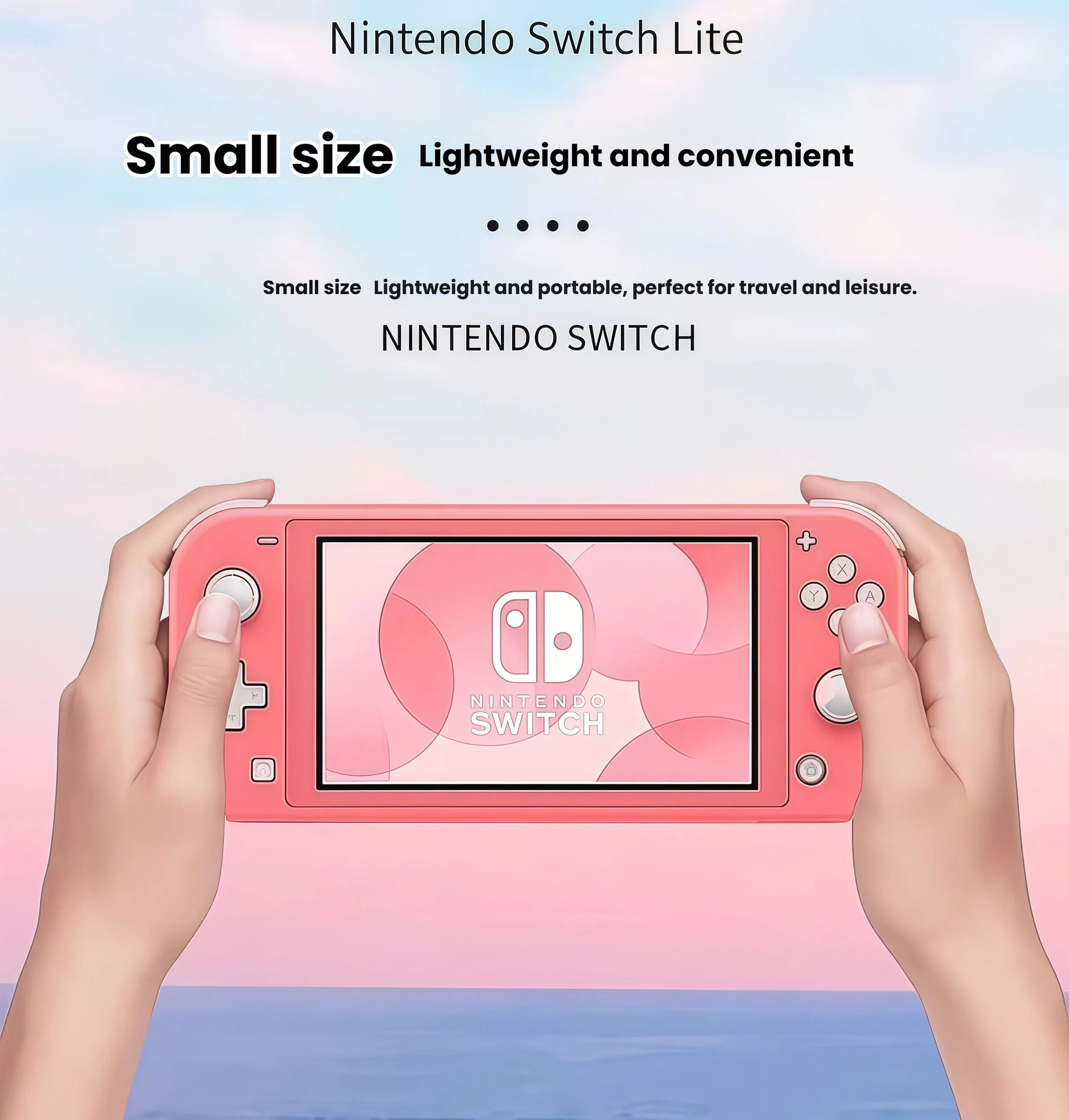Two hands gripping the coral Switch Lite against a pastel sky background, emphasizing its small size and lightweight build for on-the-go gaming.