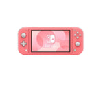 Front view of the coral-pink Nintendo Switch Lite displaying the Switch logo on its 5.5-inch screen, isolated on white.