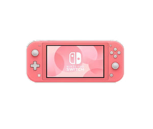 Front view of the coral-pink Nintendo Switch Lite displaying the Switch logo on its 5.5-inch screen, isolated on white.