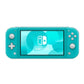 Front view of the turquoise Nintendo Switch Lite with matching wallpaper on the 5.5-inch display, isolated on white.