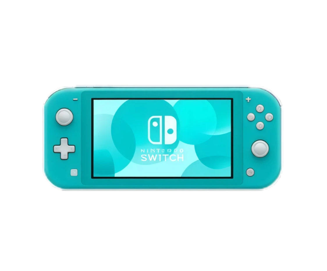 Front view of the turquoise Nintendo Switch Lite with matching wallpaper on the 5.5-inch display, isolated on white.