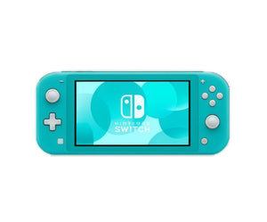 Front view of the turquoise Nintendo Switch Lite with matching wallpaper on the 5.5-inch display, isolated on white.