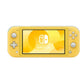 Front view of the yellow Nintendo Switch Lite showing the Switch logo on its bright 5.5-inch screen, isolated on white.