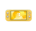 Front view of the yellow Nintendo Switch Lite showing the Switch logo on its bright 5.5-inch screen, isolated on white.