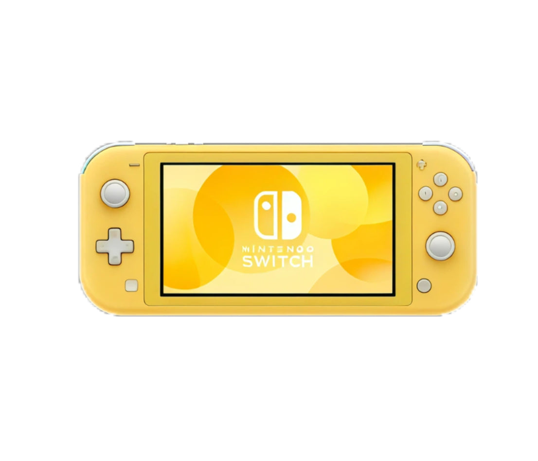 Front view of the yellow Nintendo Switch Lite showing the Switch logo on its bright 5.5-inch screen, isolated on white.