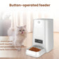Fluffy white cat beside the Dogness 6L programmable feeder on hardwood floor, demonstrating button-controlled timed feeding.