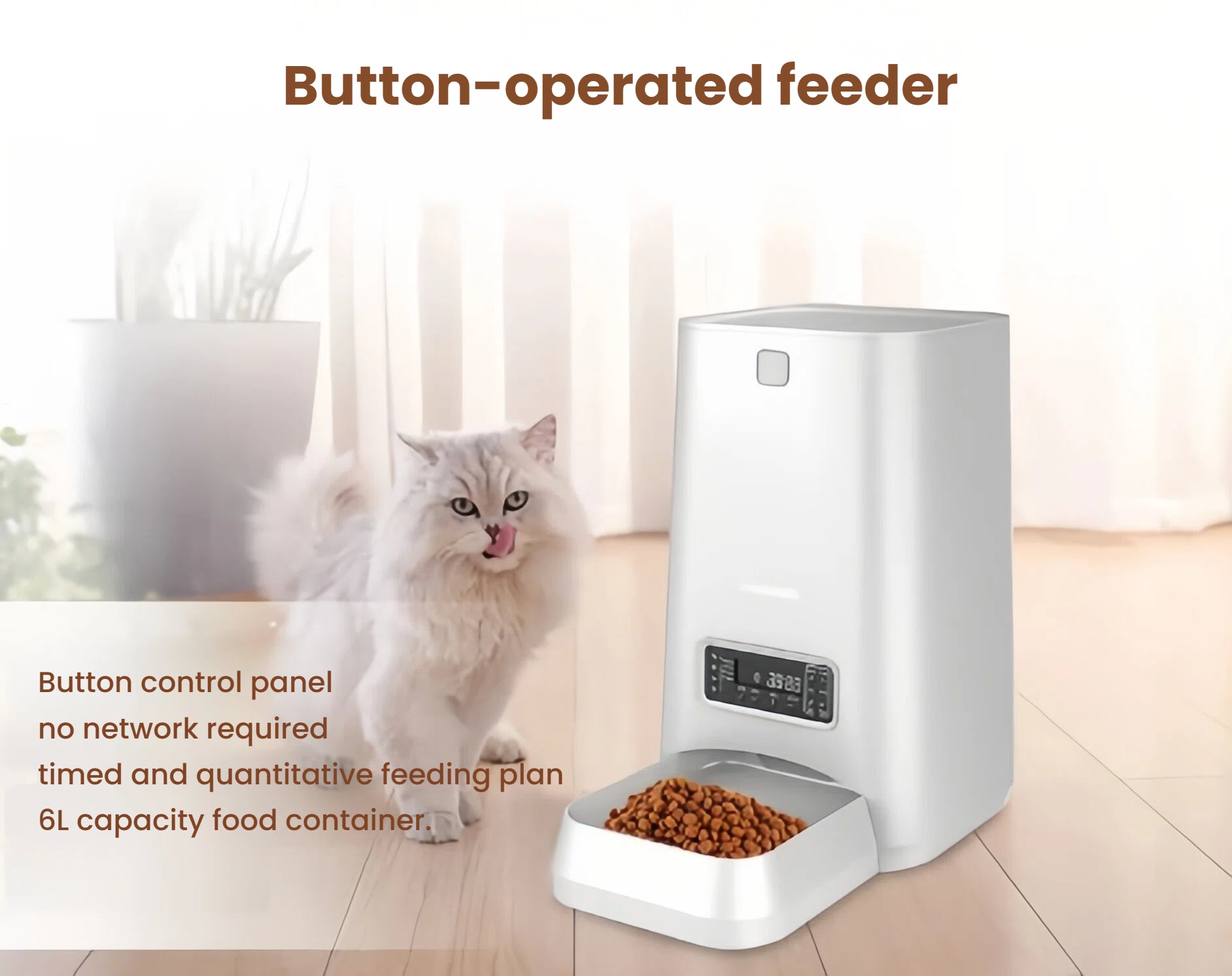 Fluffy white cat beside the Dogness 6L programmable feeder on hardwood floor, demonstrating button-controlled timed feeding.