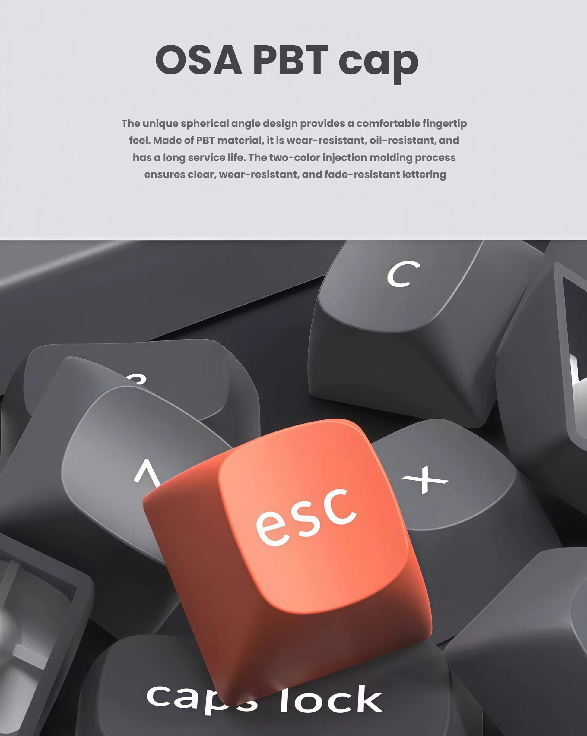 Detailed view of orange ESC keycap made from durable OSA PBT material with spherical angle design, offering oil-resistant, wear-resistant surface and long-lasting two-color injection molding lettering.