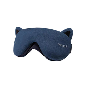 Front view of the navy blue OSIM uMask eye massager featuring playful cat ears. The plush, ergonomic design offers gentle massage and complete light blockage for restful sleep and relaxation.