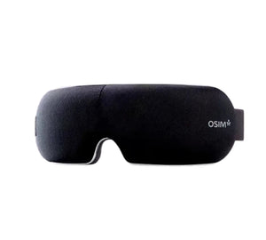 Front view of the OSIM uVision Air eye massager in black, featuring a soft fabric exterior, ergonomic shape, and discreet branding. Designed for comfort and premium wellness experience.