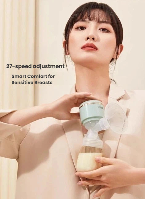 Woman holding October Crystal portable breast pump; touch control panel shows 27-speed adjustment for sensitive breasts, promoting comfort and lactation without pain