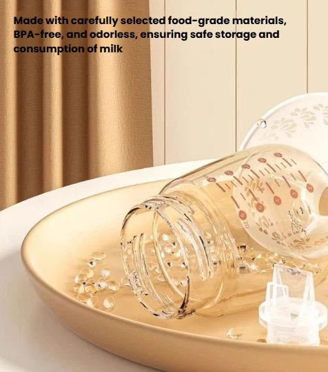 Close-up of October Crystal breast pump parts laid out on a plate: transparent milk bottle, silicone flange, and valve—all made from BPA-free, food-grade materials ensuring safe milk collection and consumption