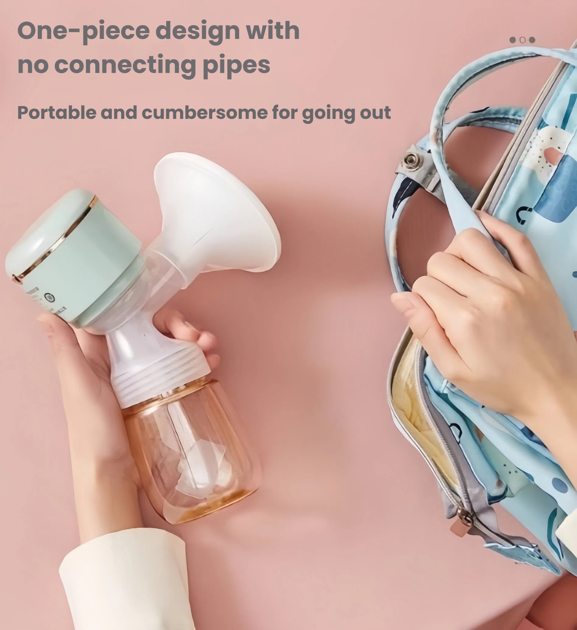 Hand placing October Crystal all-in-one breast pump into a diaper bag; compact one-piece design with no hoses or tubes, perfect for travel and on-the-go pumping