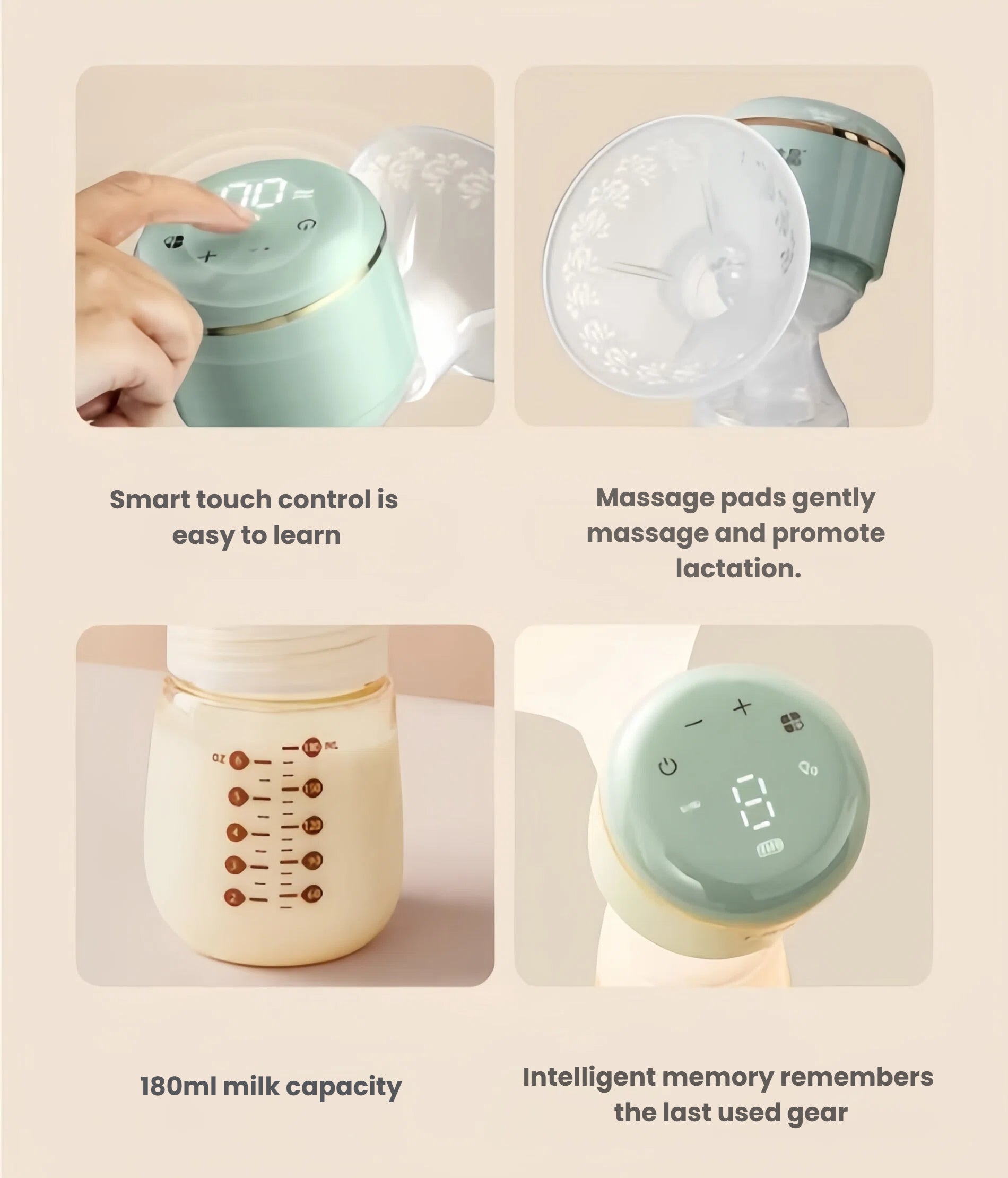 Four-panel view of October Crystal breast pump features: smart touch control panel, floral-patterned massage pads that gently stimulate lactation, 180ml milk capacity bottle, and digital display that remembers last used settings