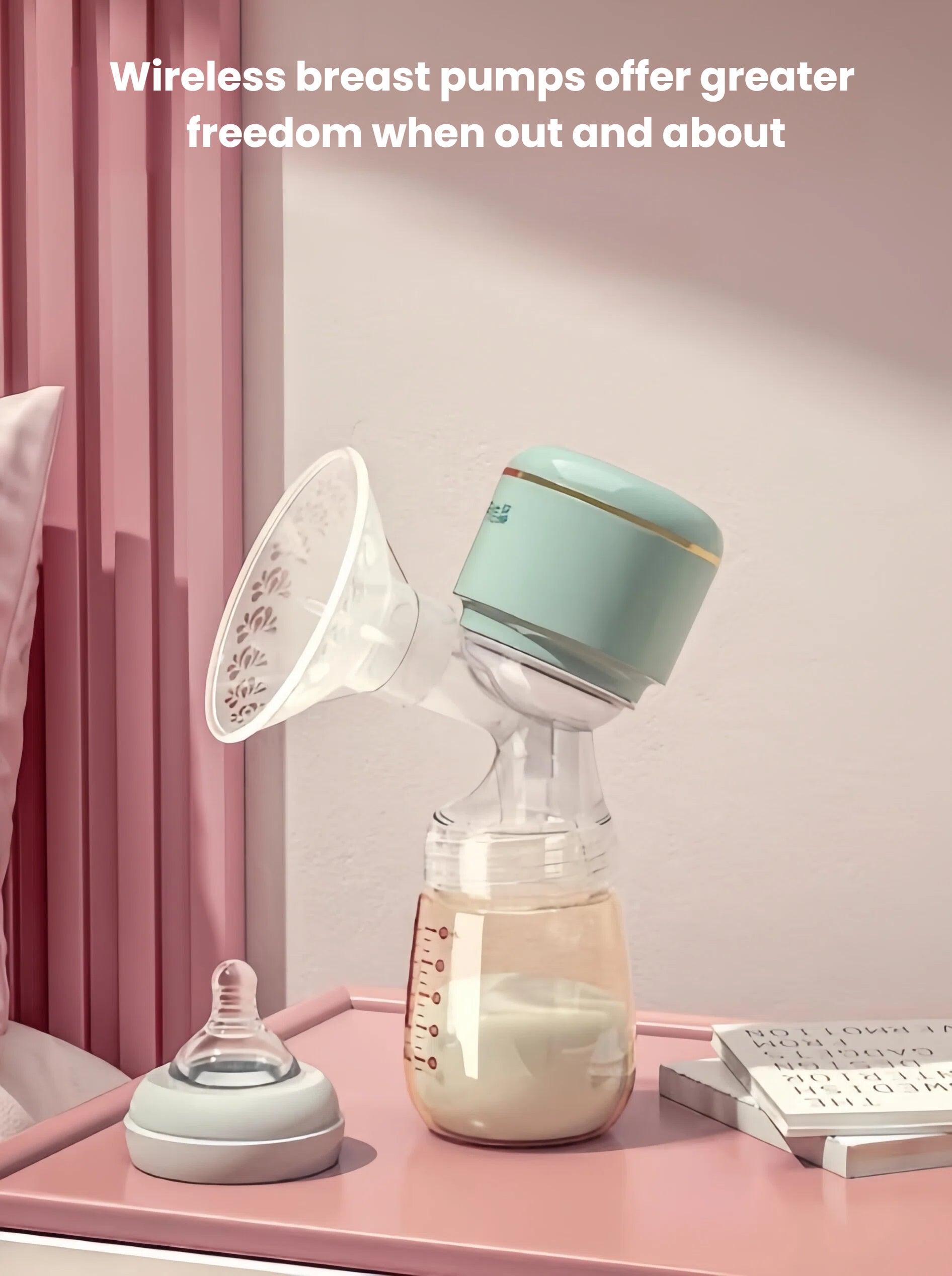October Crystal portable electric breast pump sitting on a nightstand next to a baby bottle; milk collected in transparent 180ml bottle with measurement markings, ideal for home or travel use