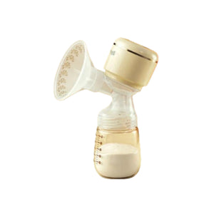 October Crystal breast pump in elegant gold finish; compact one-piece design with 180ml milk collection bottle filled with milk, featuring anti-backflow system and USB rechargeable motor