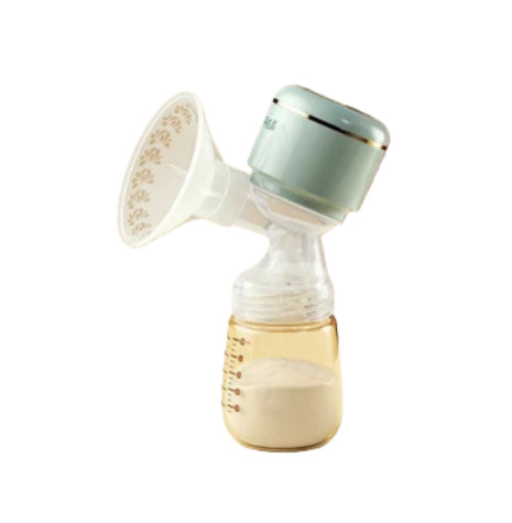October Crystal wearable breast pump in mint green color; sleek all-in-one design with touch control panel, silicone massage flange, and 180ml milk bottle showing collected breast milk