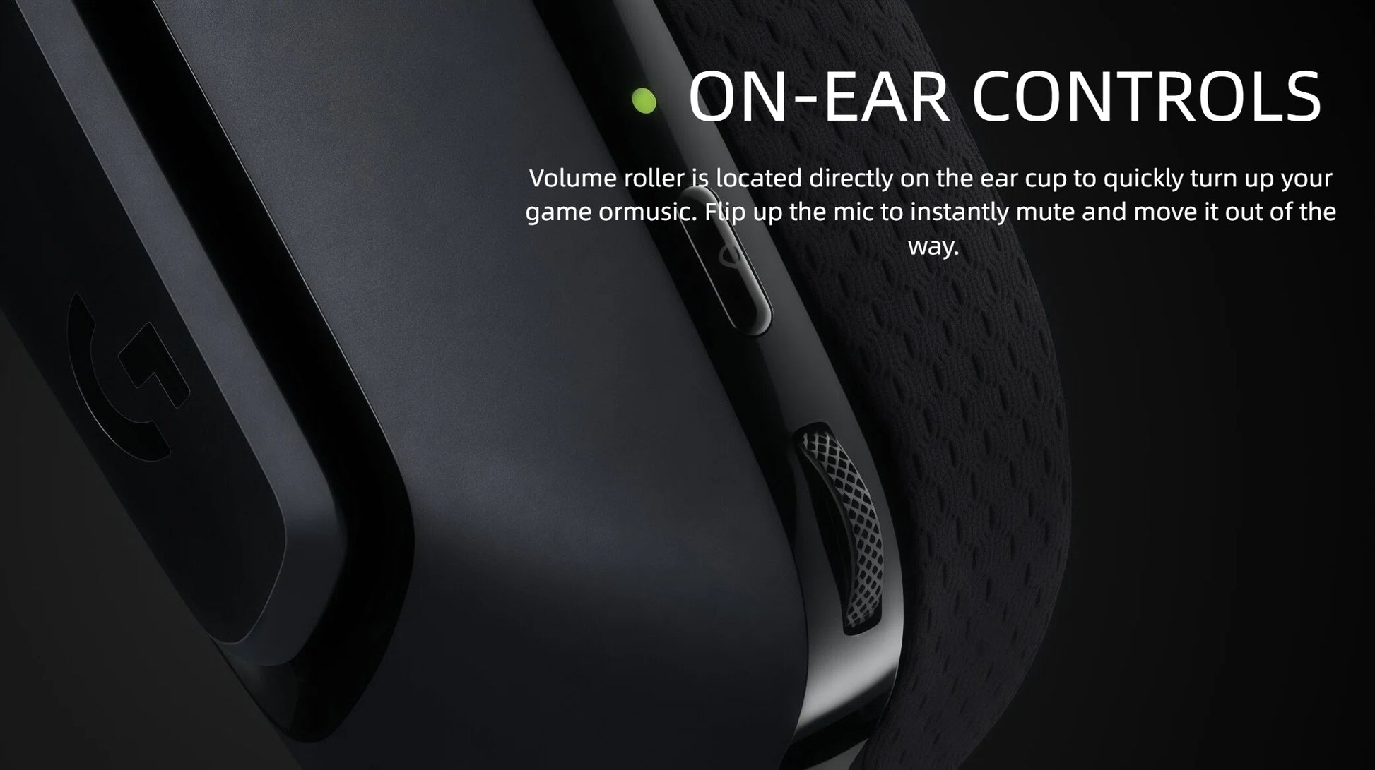 Detailed shot of the G535 ear cup, showing the textured volume roller and flip-up microphone for quick muting.