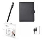 Ophaya smart digital pen with black leather notebook, charging cable, replacement tips, and product packaging; full set for seamless paperless writing and cloud syncing.
