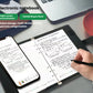 Person using Ophaya smart pen to write on dot matrix notebook; notes instantly synced to smartphone app with handwriting-to-text conversion and multi-device access.