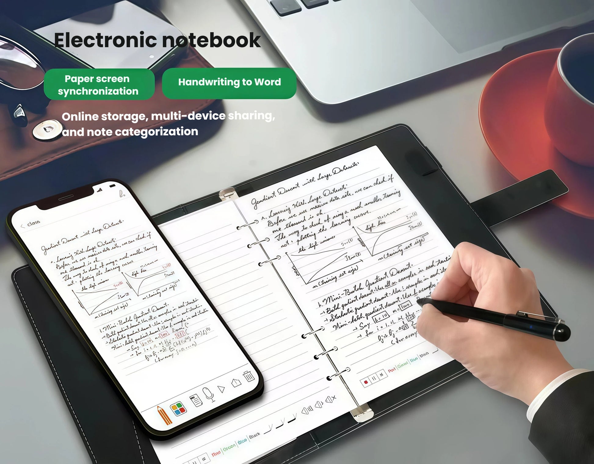 Person using Ophaya smart pen to write on dot matrix notebook; notes instantly synced to smartphone app with handwriting-to-text conversion and multi-device access.