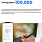 Hand writing on Ophaya smart dot matrix tablet with digital pen; notes synced to mobile app in real time; reusable surface saves up to 100,000 sheets of paper.