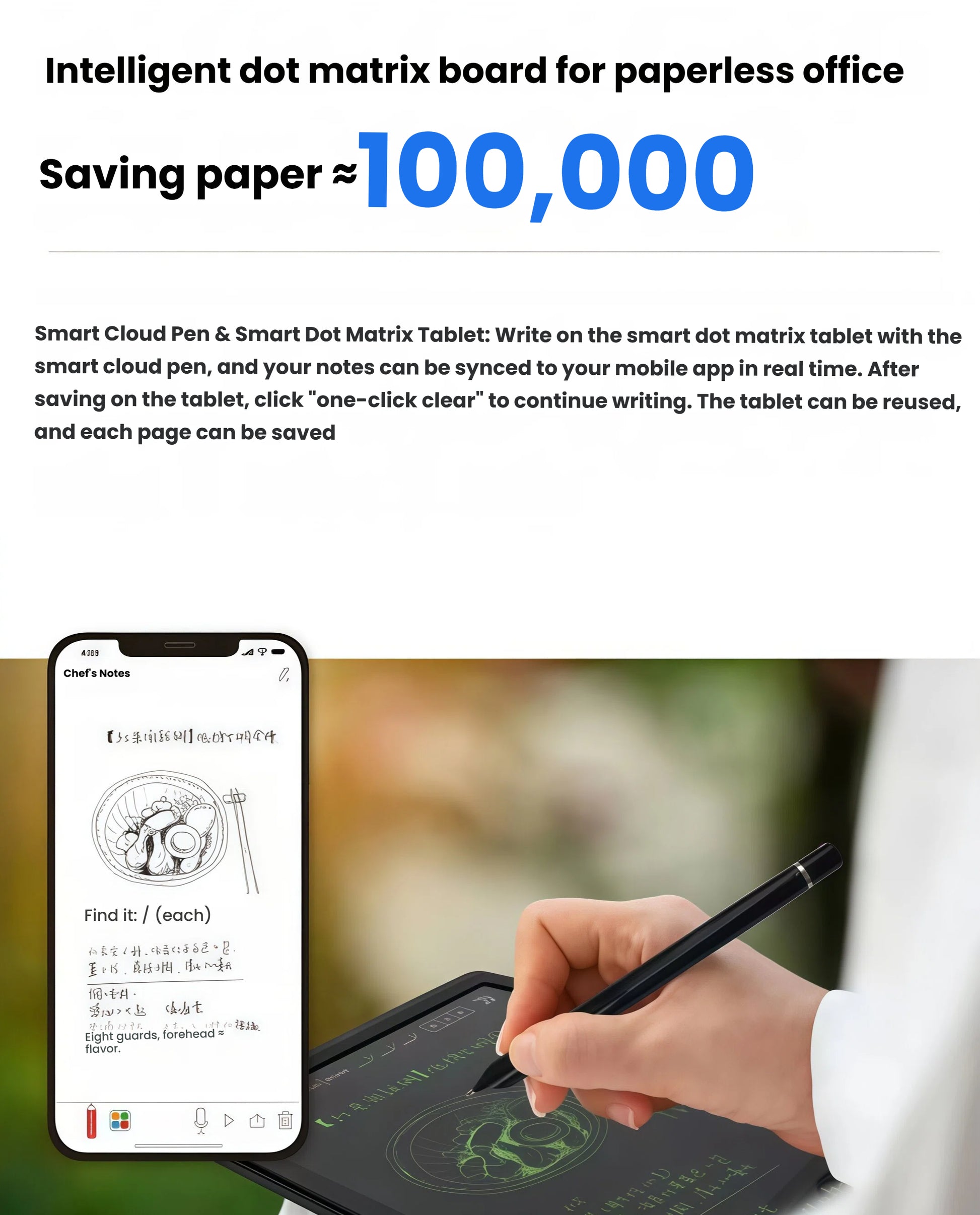 Hand writing on Ophaya smart dot matrix tablet with digital pen; notes synced to mobile app in real time; reusable surface saves up to 100,000 sheets of paper.