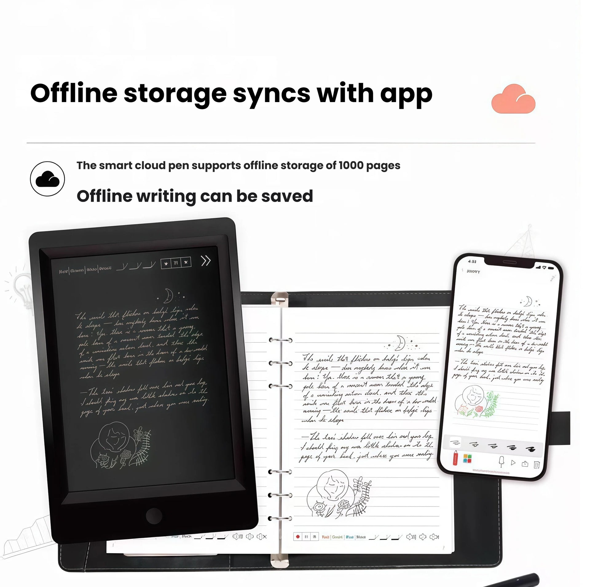 Ophaya smart pen supports offline storage of up to 1000 pages; handwritten notes saved locally and synced later via app on smartphone or tablet.