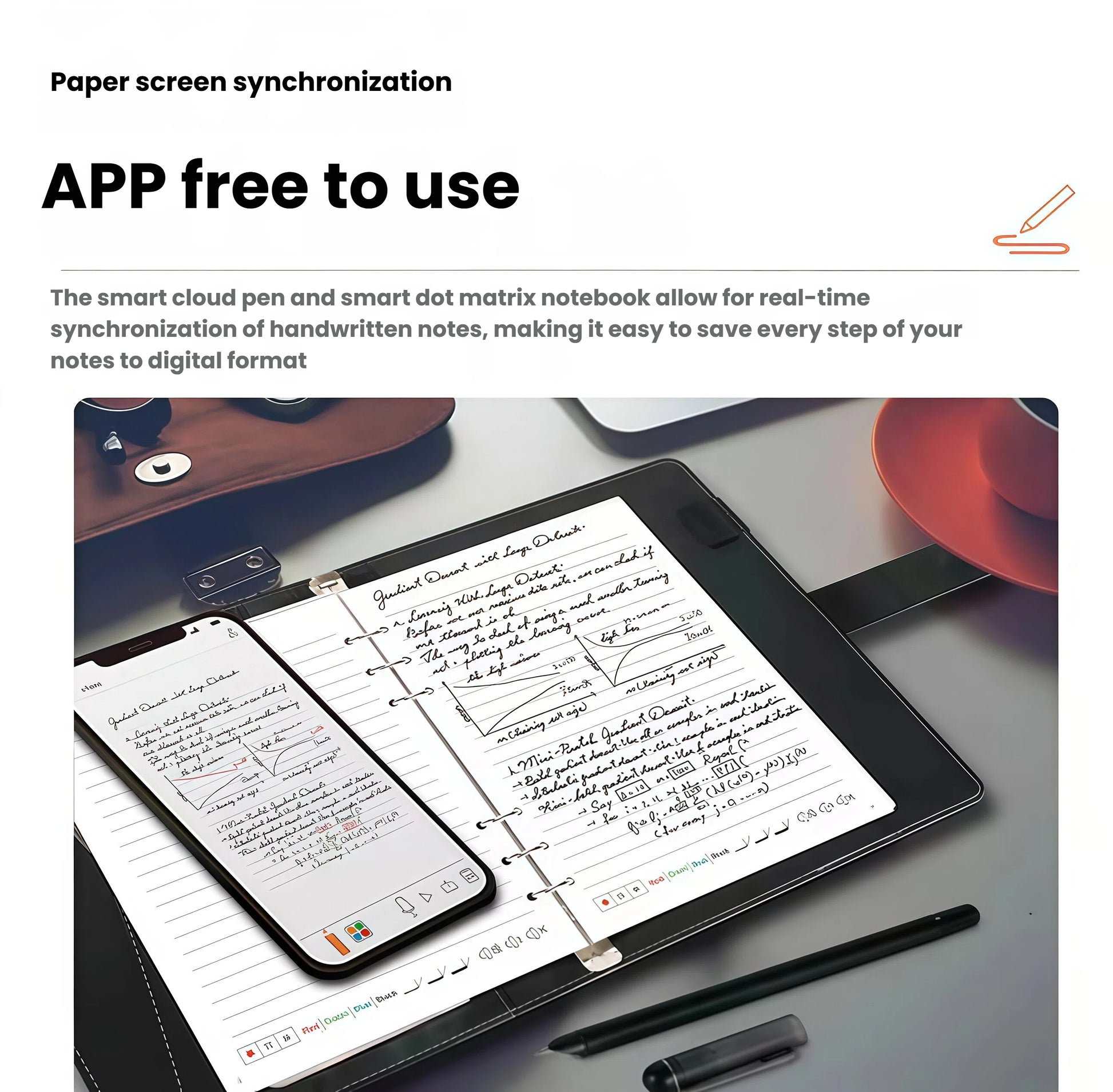 Ophaya smart pen capturing handwritten notes on dot matrix notebook synced in real time to smartphone app; ideal for students, professionals, and digital note-takers.