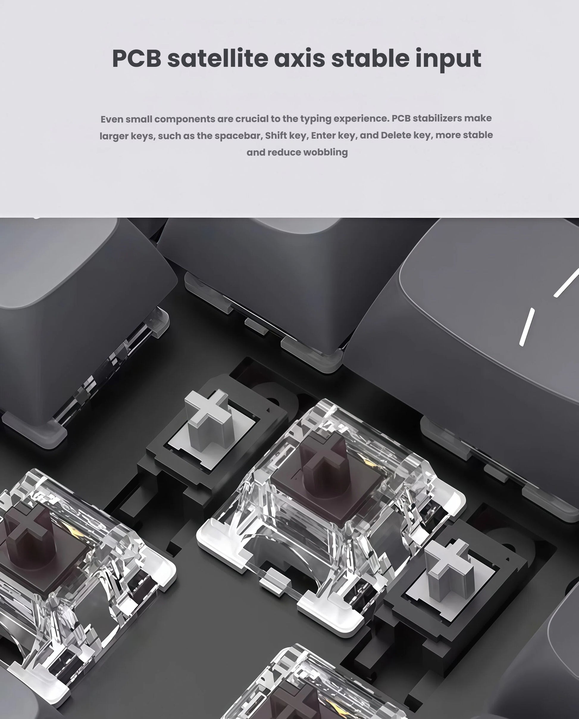 Close-up of PCB satellite stabilizer mechanism under spacebar and other large keys on Keychron K2 Max, ensuring stable, wobble-free input for enhanced typing accuracy and comfort.