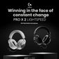 Dual floating shot of the white and black PRO X 2 headsets against a dark backdrop, highlighting the two color options for gamers.