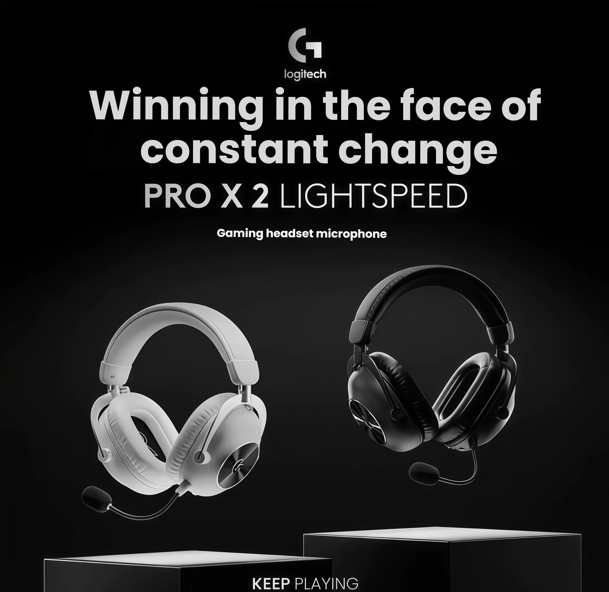 Dual floating shot of the white and black PRO X 2 headsets against a dark backdrop, highlighting the two color options for gamers.