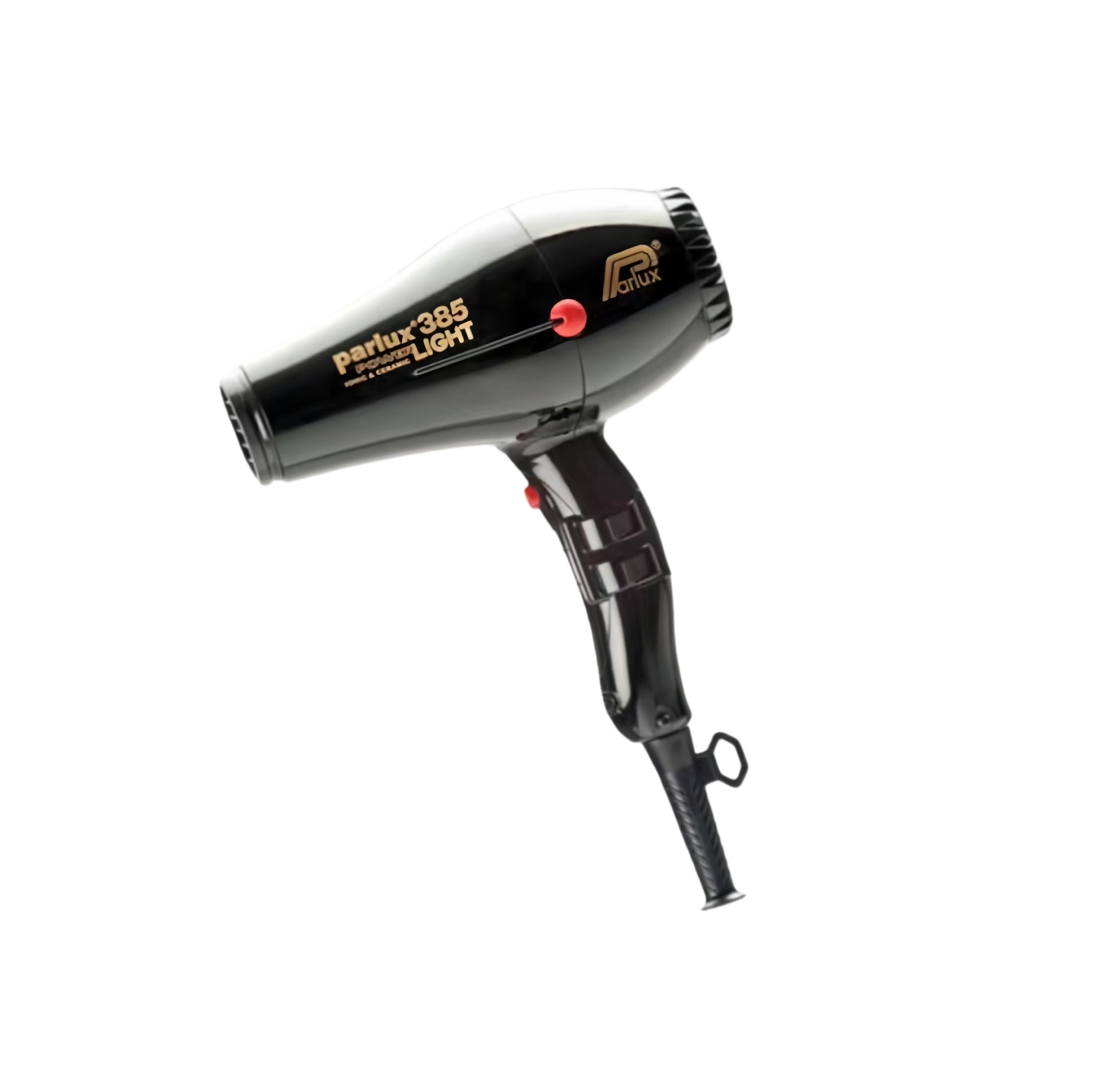 Black Parlux 385 Power Light ceramic and ionic hair dryer with powerful airflow and heat control for quick drying and reduced hair damage.