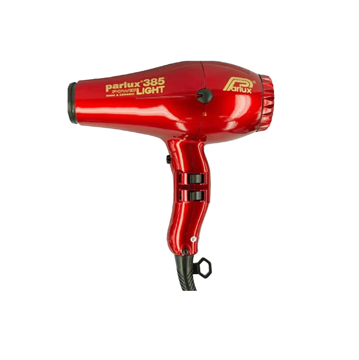 Red Parlux 385 Power Light ceramic and ionic hair dryer with lightweight design, ideal for fast drying and smooth, frizz-free hair styling.