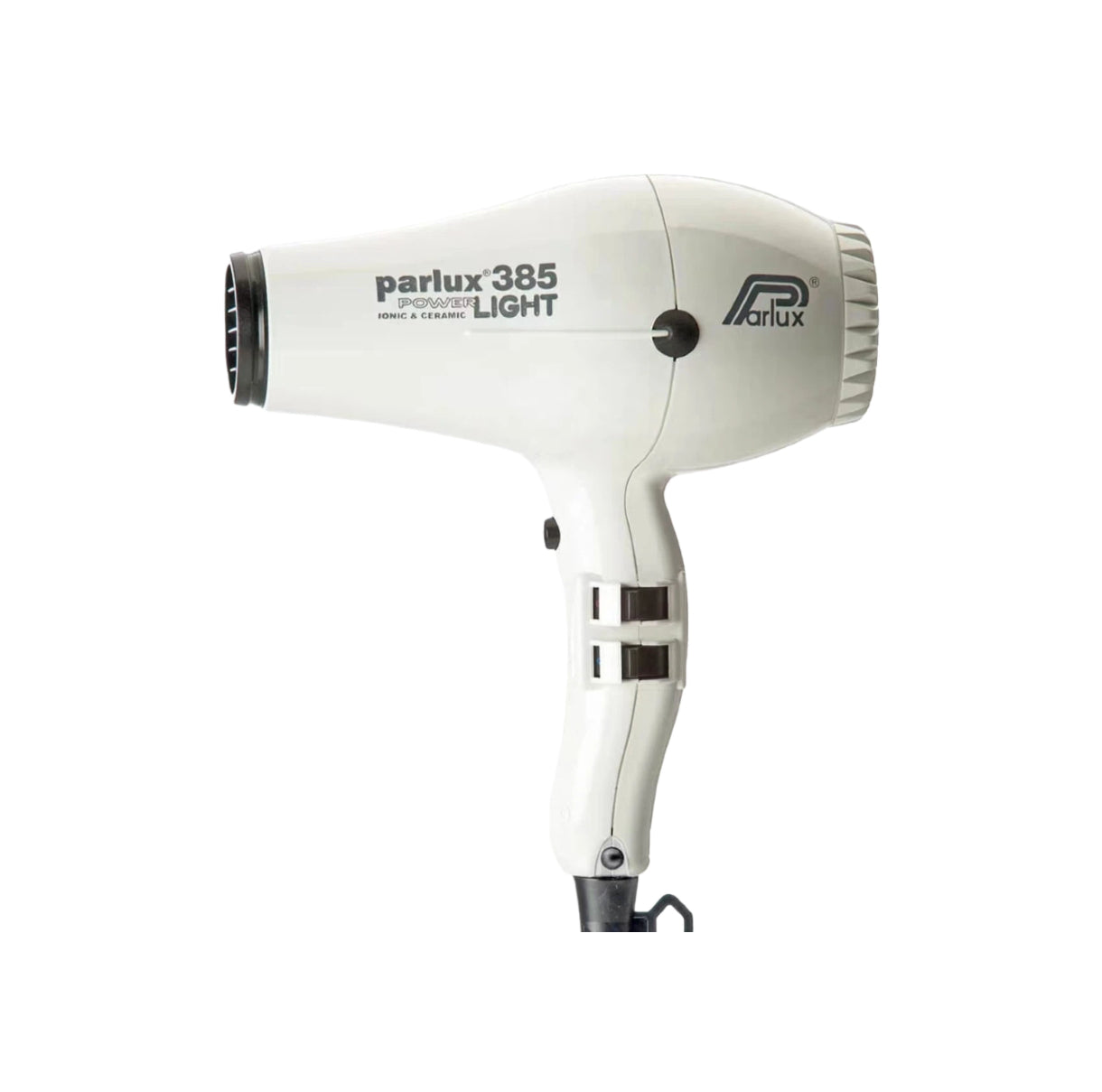 White Parlux 385 Power Light ceramic and ionic hair dryer featuring advanced ion technology for healthy, shiny hair and professional salon results.