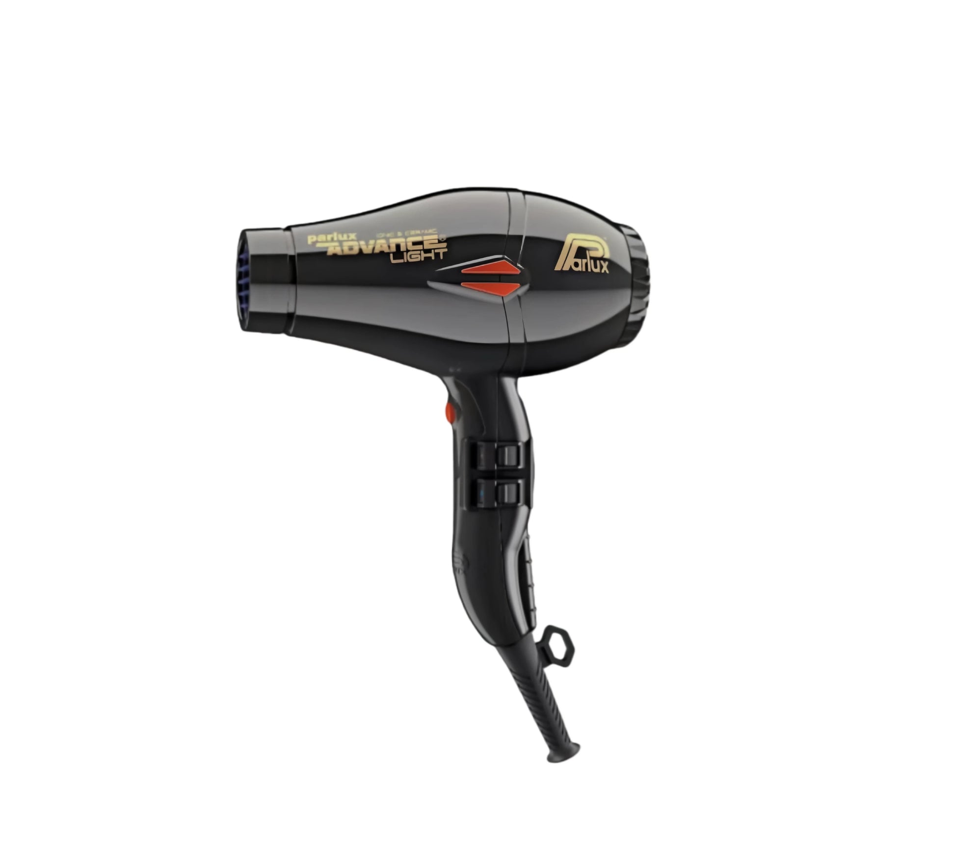 Black Parlux Advance Light ionic and ceramic hair dryer with dual heat settings, lightweight design, and ergonomic grip for fast, smooth drying.