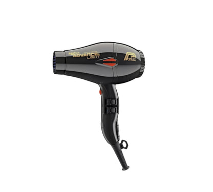 Black Parlux Advance Light ionic and ceramic hair dryer with dual heat settings, lightweight design, and ergonomic grip for fast, smooth drying.