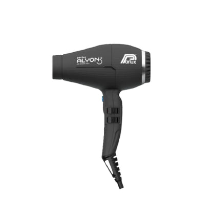 Parlux Alyon professional hair dryer in black, featuring dual heat settings, ionized airflow, and ergonomic design for salon-quality styling at home.