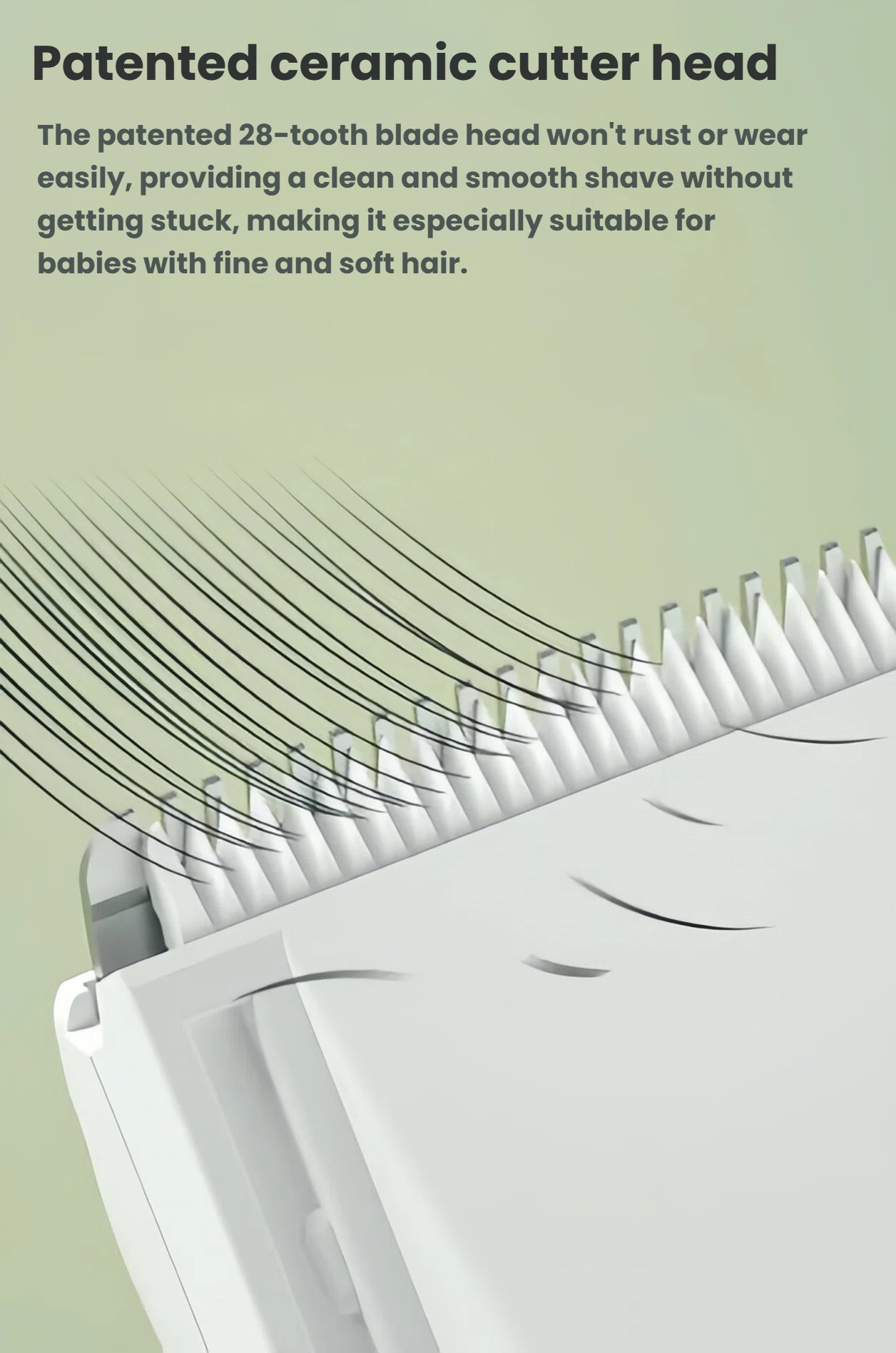 Close-up of LUSN’s patented 28-tooth ceramic cutter head – rust-resistant, smooth-cutting, and ideal for babies with fine, soft hair.
