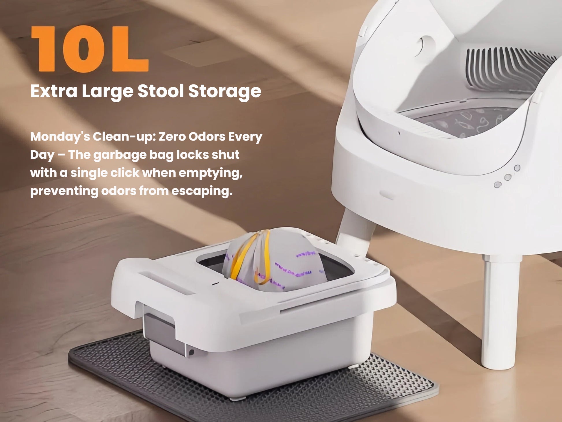 PetPivot 10L waste drawer with sealed garbage bag — locks shut with one click to prevent odors, ideal for weekly cleanups