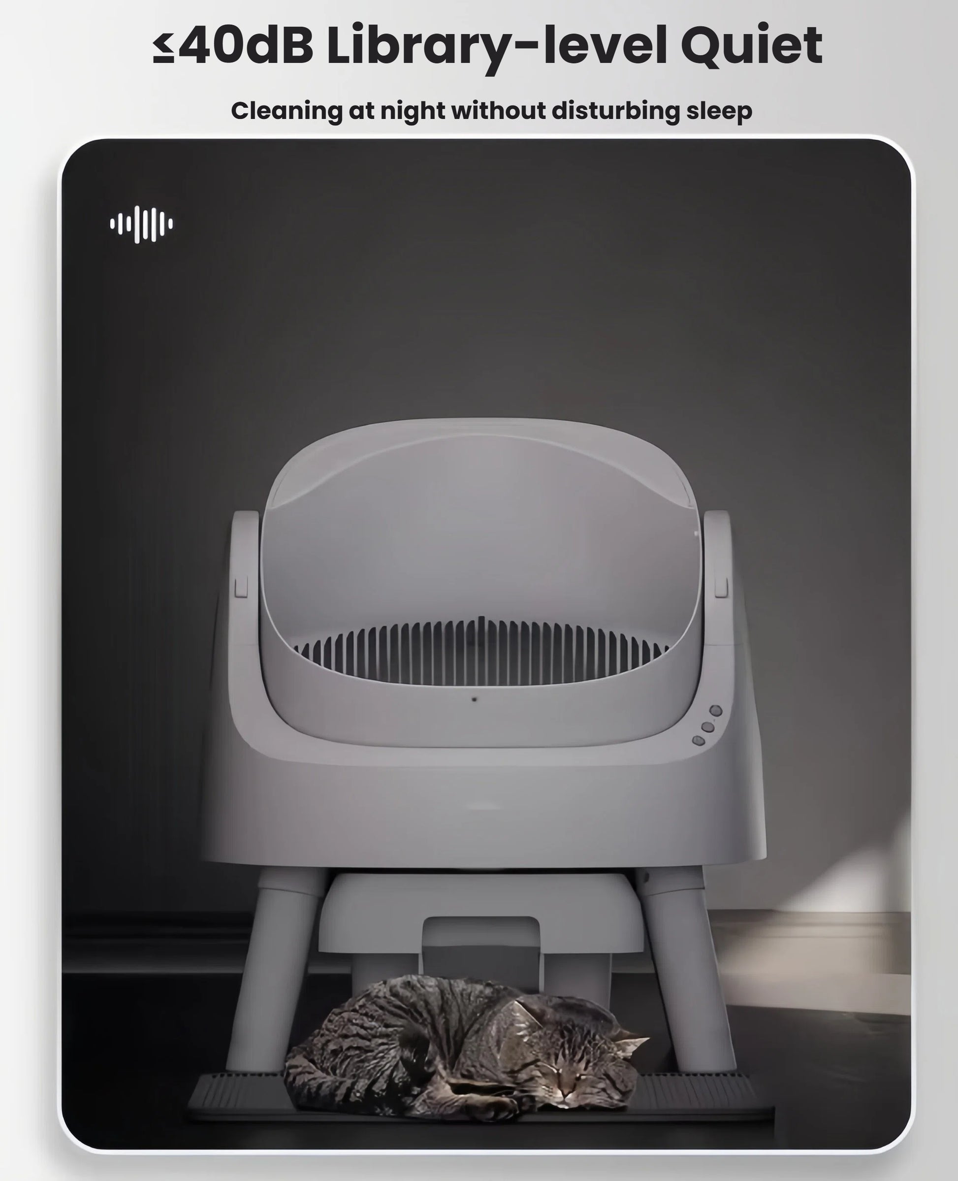 PetPivot self-cleaning litter box operating quietly at ≤40dB — cat sleeping peacefully underneath, no disturbance during night cleaning