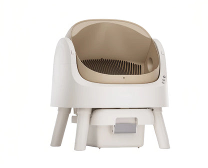 PetPivot self-cleaning litter box in beige and white — front view showing clean lines, ergonomic shape, and integrated waste drawer
