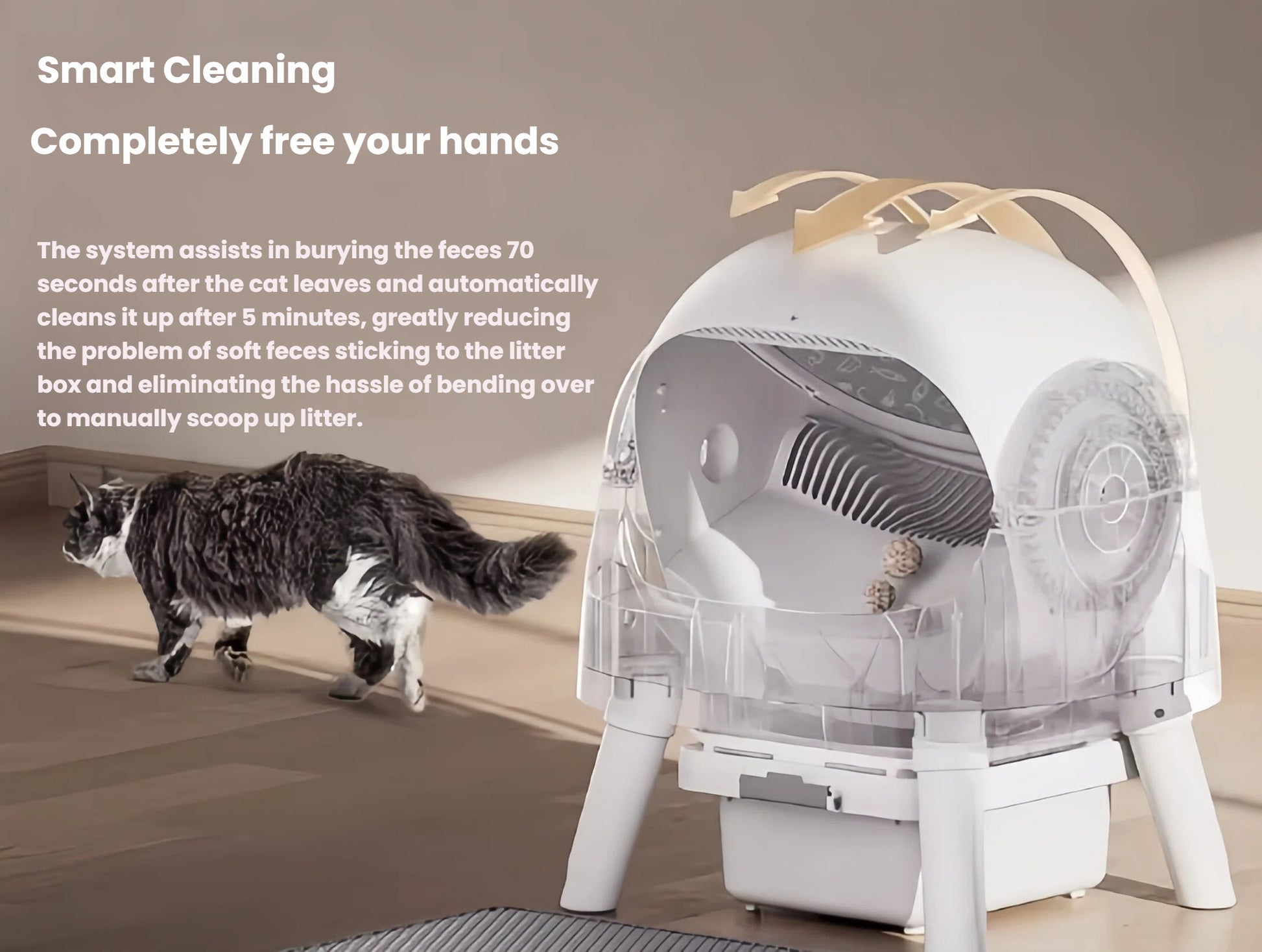 PetPivot self-cleaning litter box automatically buries feces 70 seconds after cat exits and cleans up after 5 minutes — hands-free operation