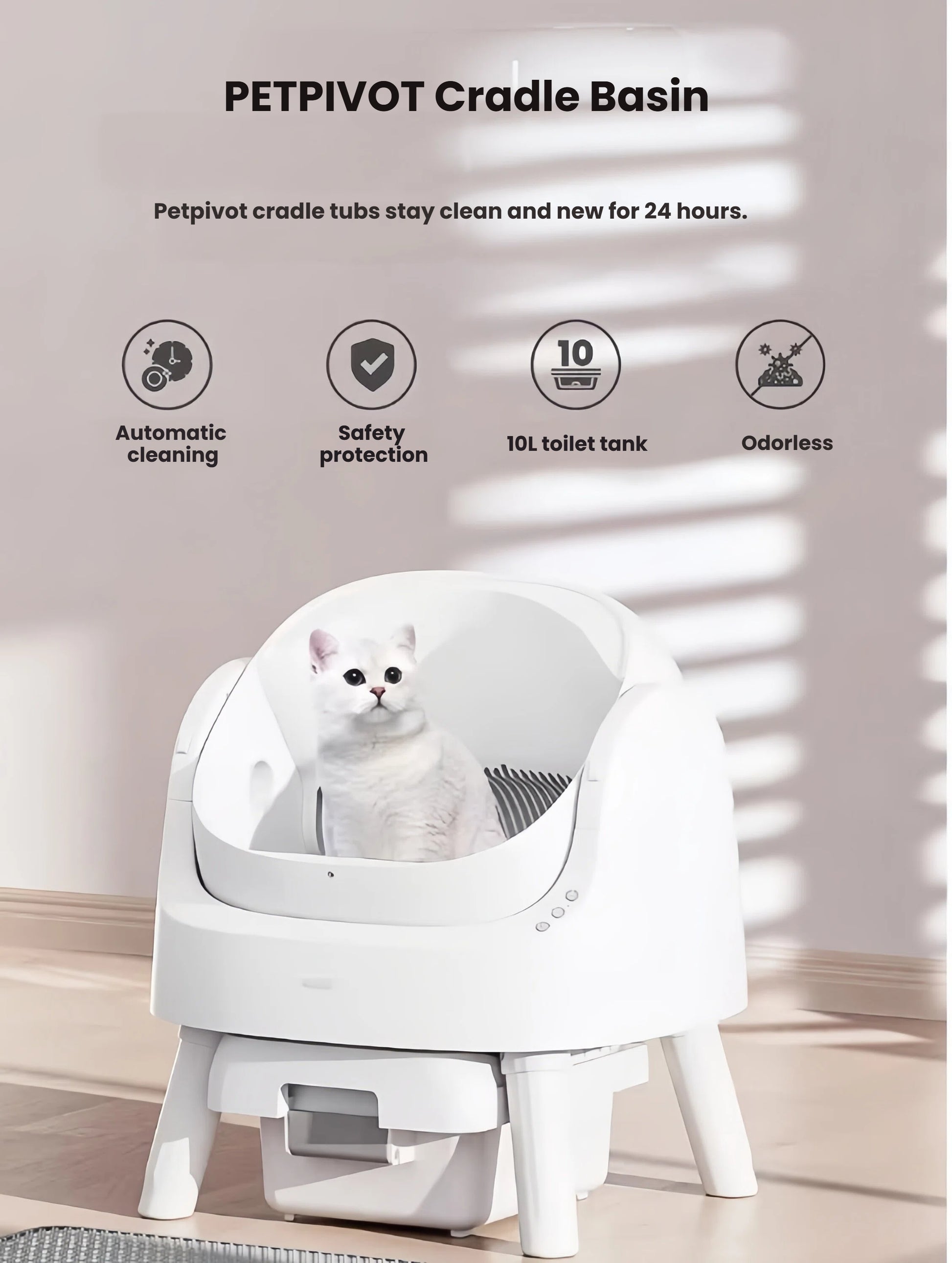 White PetPivot cradle basin with a white cat inside — open-top design reduces anxiety, supports natural digging behavior, stays clean for 24 hours