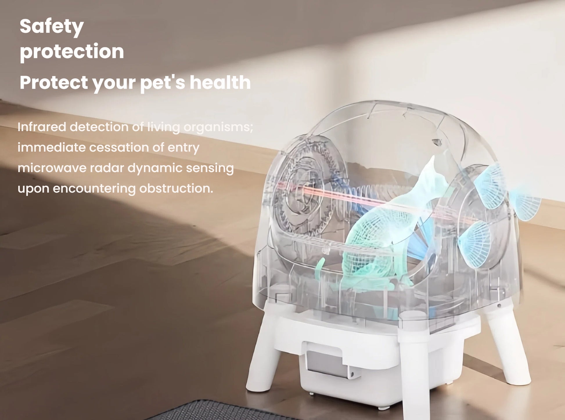 PetPivot self-cleaning litter box with safety protection system — infrared detects living organisms, microwave radar stops motion if obstruction detected