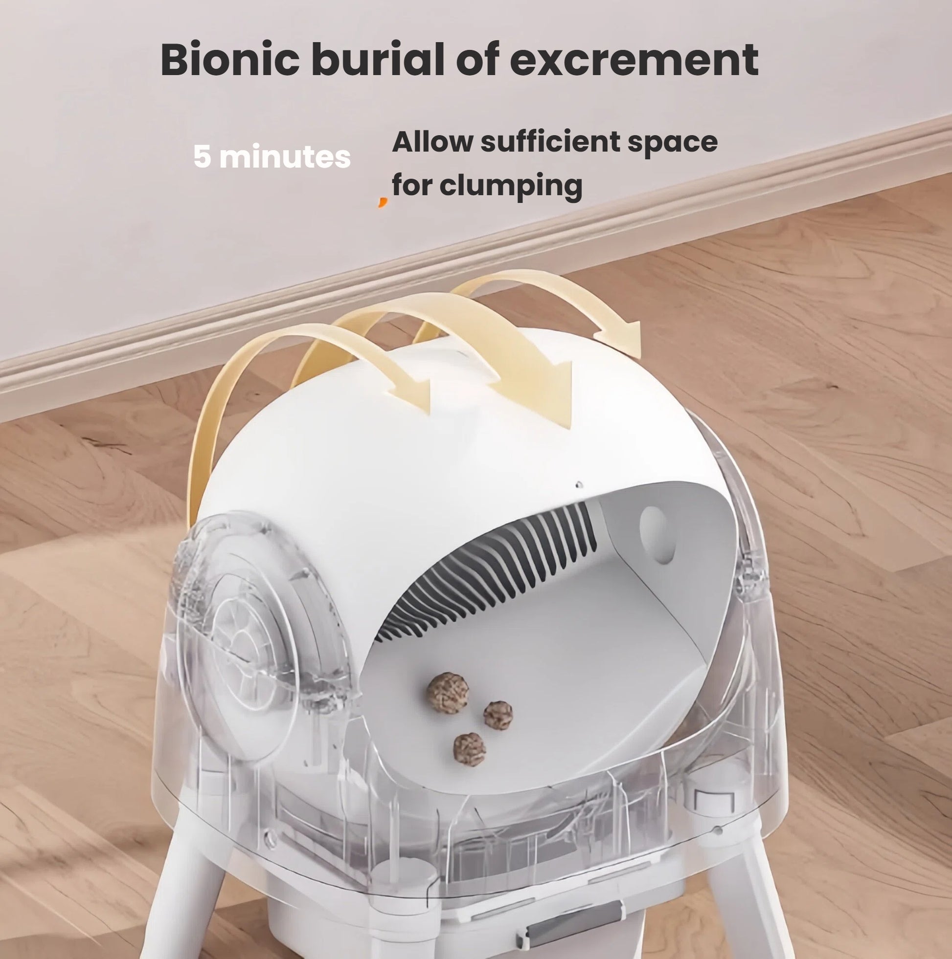 PetPivot automatic litter box interior showing bionic burial mechanism — clumps form in 5 minutes, then buried and separated from clean litter
