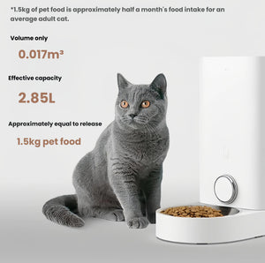 Gray cat sitting beside Petkit Fresh Element Mini smart feeder — showing 2.85L effective capacity, enough to store 1.5kg of dry pet food for up to two weeks
